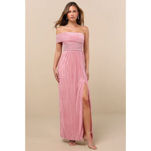 Lulus Poised Performance Pink Plisse One-shoulder Maxi Dress - Size S